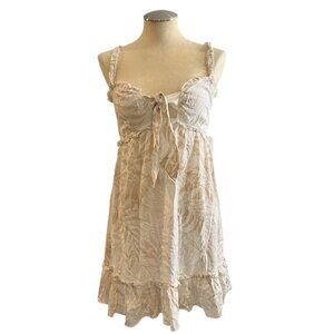 Ocean Drive‎ Mini Dress S Leaf Print Tie Front Tan Cream Pink Tiered Size Small